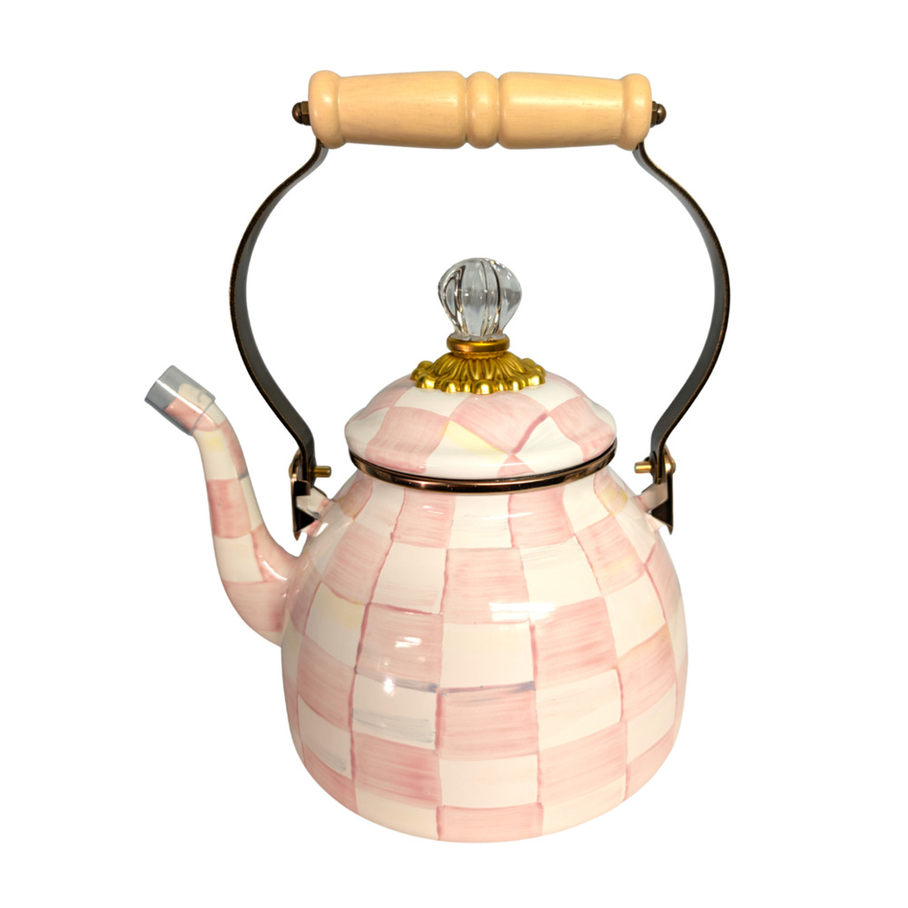 Mackenzie Childs 2 Quart Enamel Tea Kettle Pink Rosy Check Product #89257-740